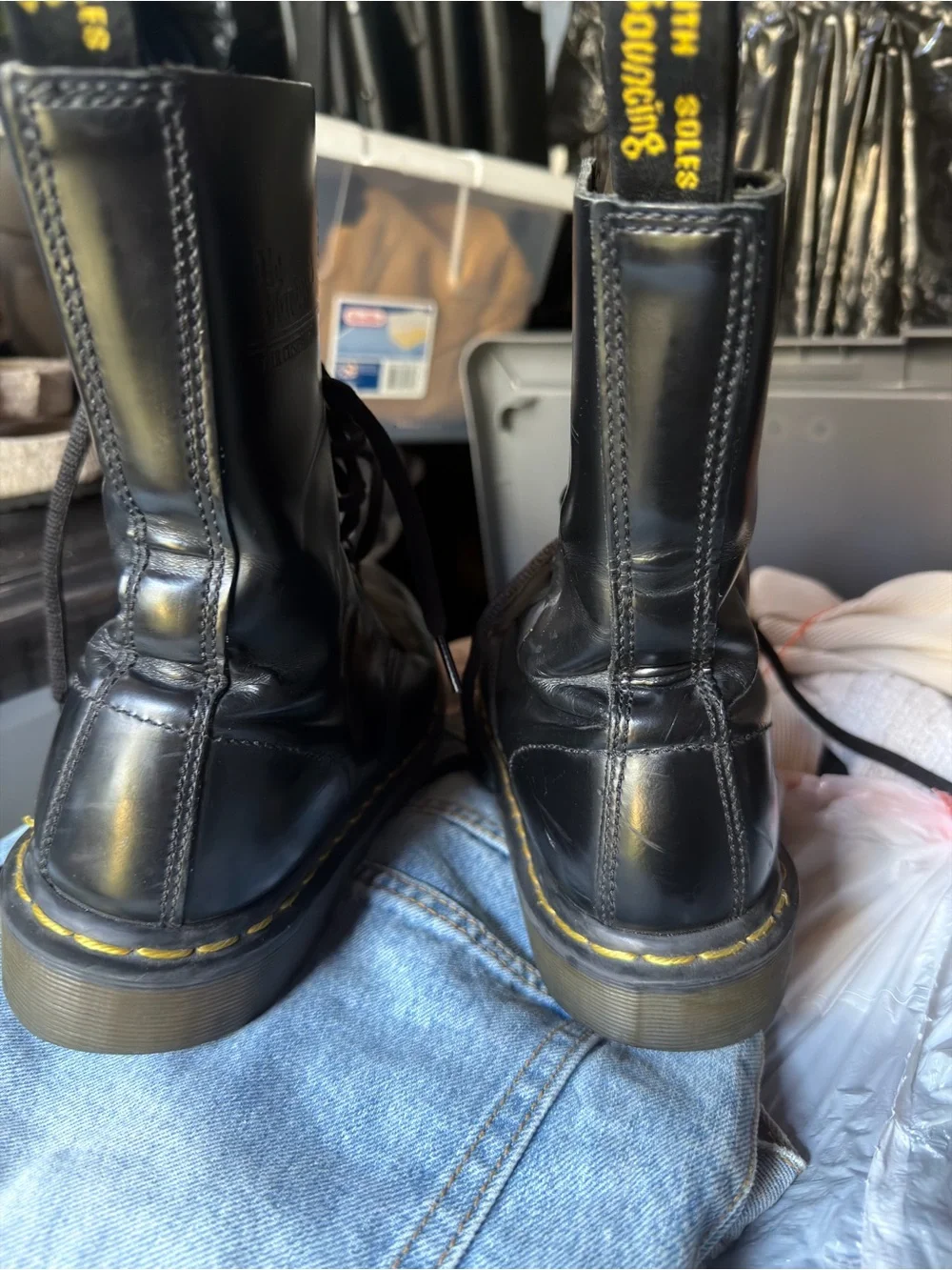 Dr. Martens Black Leather Lace-Up Boots with Yellow Stitching